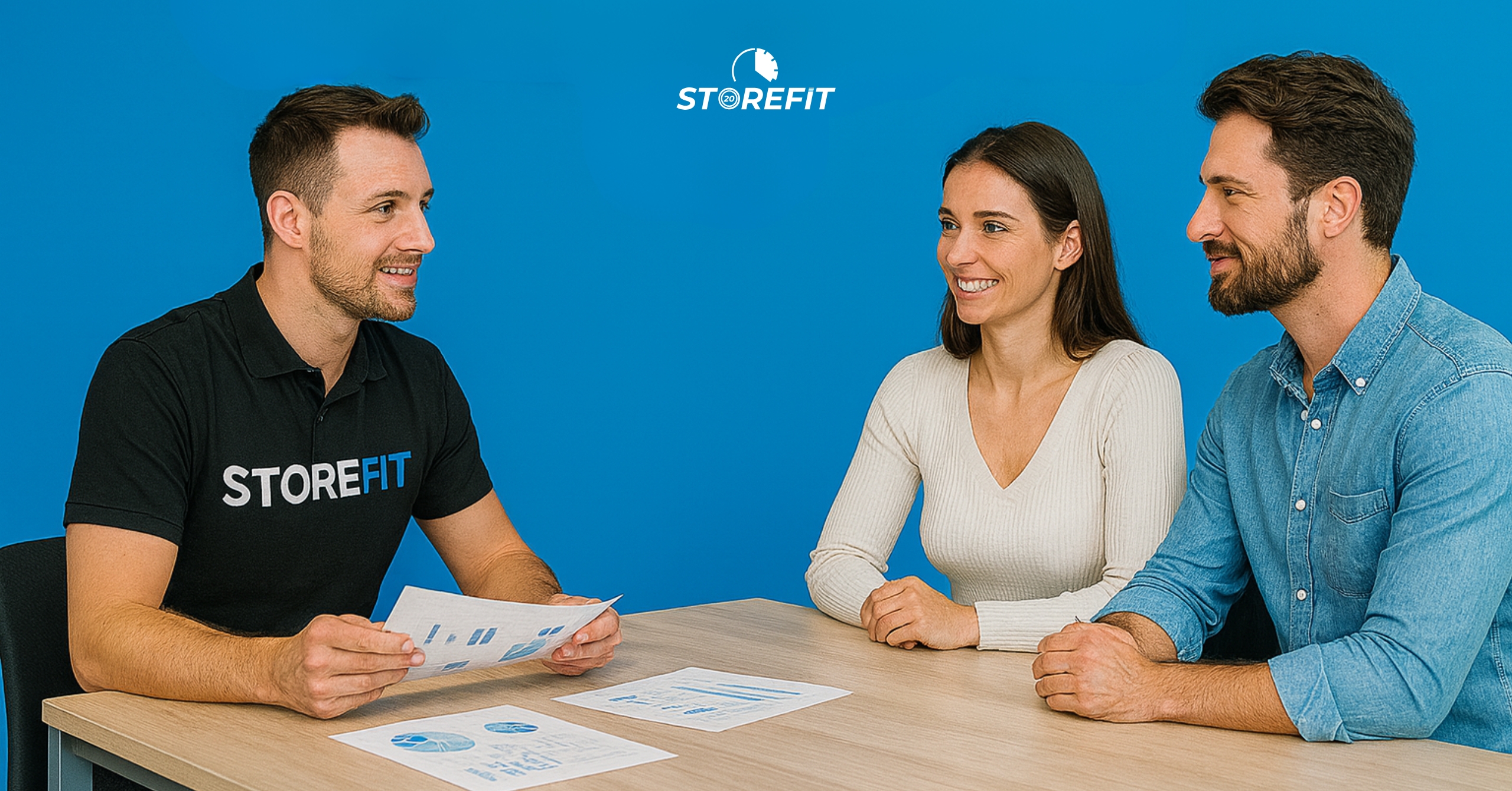 Consulente StoreFit durante un incontro con una coppia interessata ad aprire un centro fitness, seduti a un tavolo con grafici, in un ambiente moderno con parete blu e vetrata.